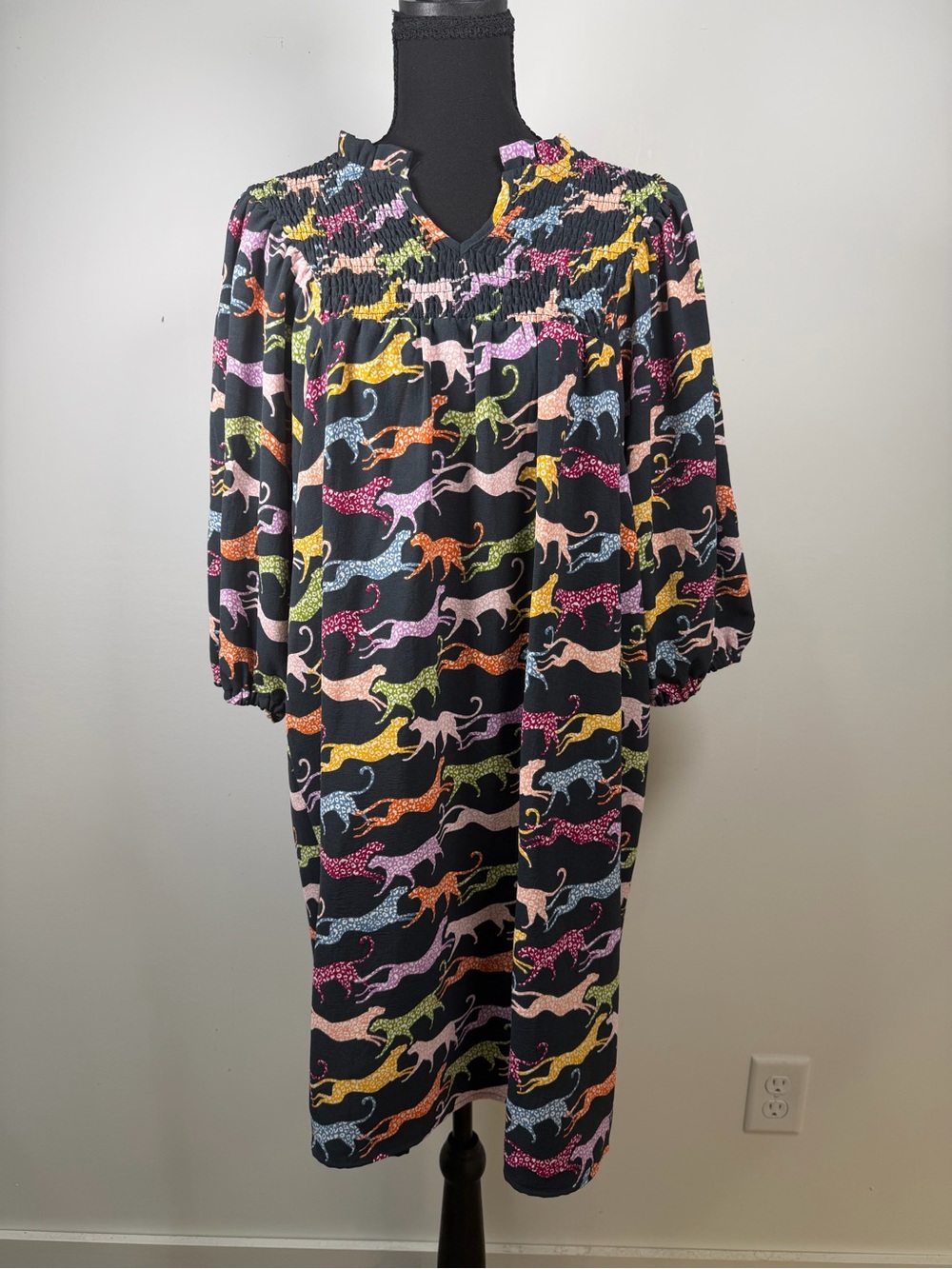 Multicolor Leopard Print Smocked Neck Women's Shift Dress Boho Prairie
